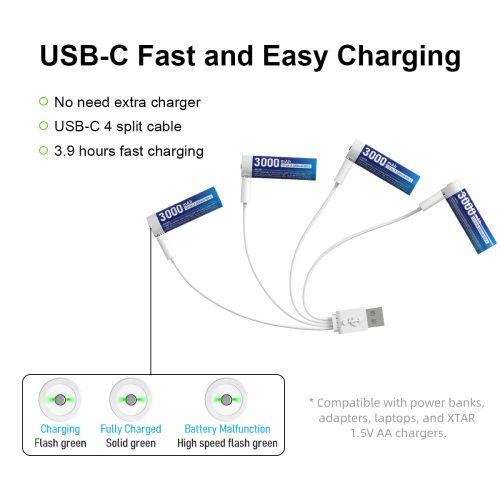 XTAR 4 baterii reîncărcabile AA 1,5V 3000mAh USB-C
