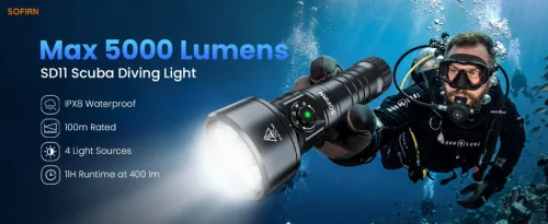 Lanternă de scufundări Sofirn SD11, 5000LM, CRI 90, lanternă rezistentă la apă reîncărcabilă cu lumină roșie de 660NM, 3000K-6500K, USB-C, IPX8, cu montură de 1/4", șnur, pentru fotografie subacvatică, pescuit, lucru în apă