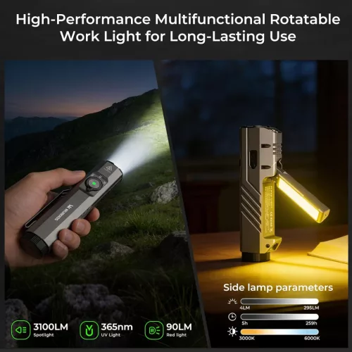 Lanternă EDC Wurkkos HD05 4-în-1 – 3100 lm, 335 m, UV, lumină roșie, lumină laterală rotativă