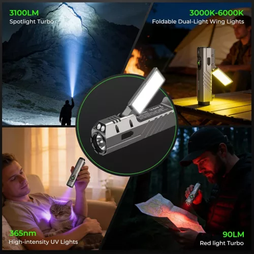 Lanternă EDC Wurkkos HD05 4-în-1 – 3100 lm, 335 m, UV, lumină roșie, lumină laterală rotativă