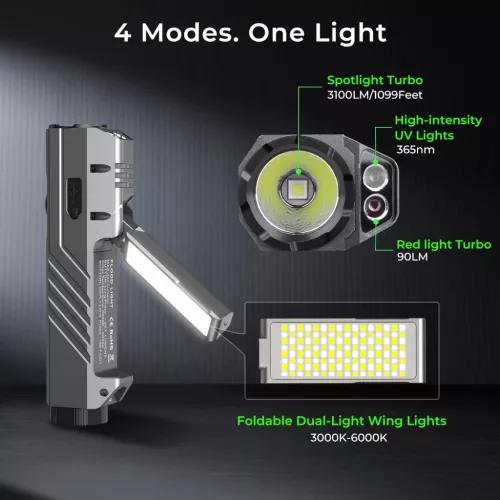 Lanternă EDC Wurkkos HD05 4-în-1 – 3100 lm, 335 m, UV, lumină roșie, lumină laterală rotativă