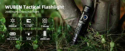 WUBEN C2 Lanternă LED de mare putere, 2000 lumeni, reîncărcabilă, IP68 impermeabilă, 7 moduri